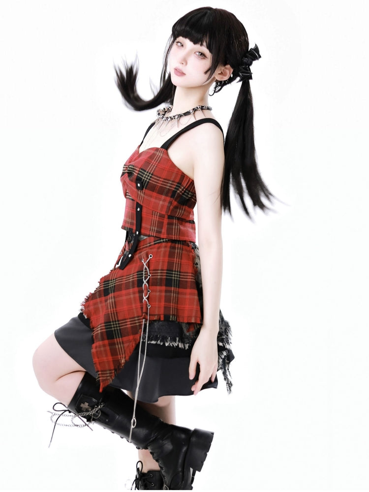 Streetwise Harajuku Plaid Crop Top / Lace-Up Mesh Shirt / Patchwork Mini Skirt