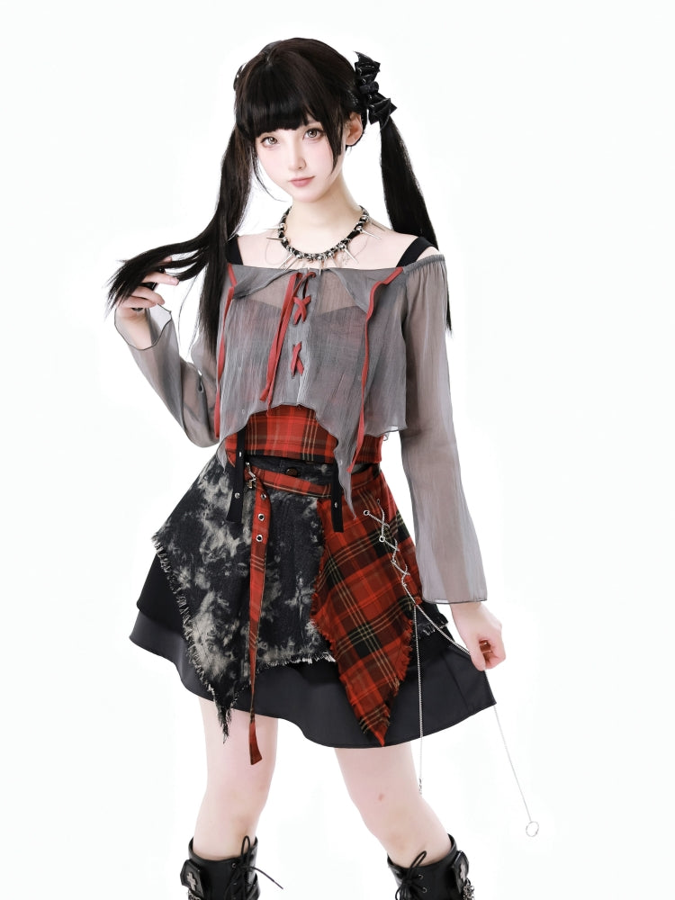 Streetwise Harajuku Plaid Crop Top / Lace-Up Mesh Shirt / Patchwork Mini Skirt
