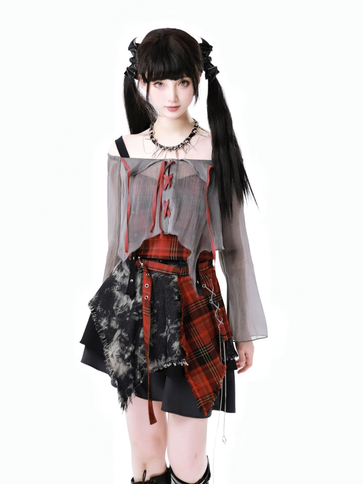 Streetwise Harajuku Plaid Crop Top / Lace-Up Mesh Shirt / Patchwork Mini Skirt