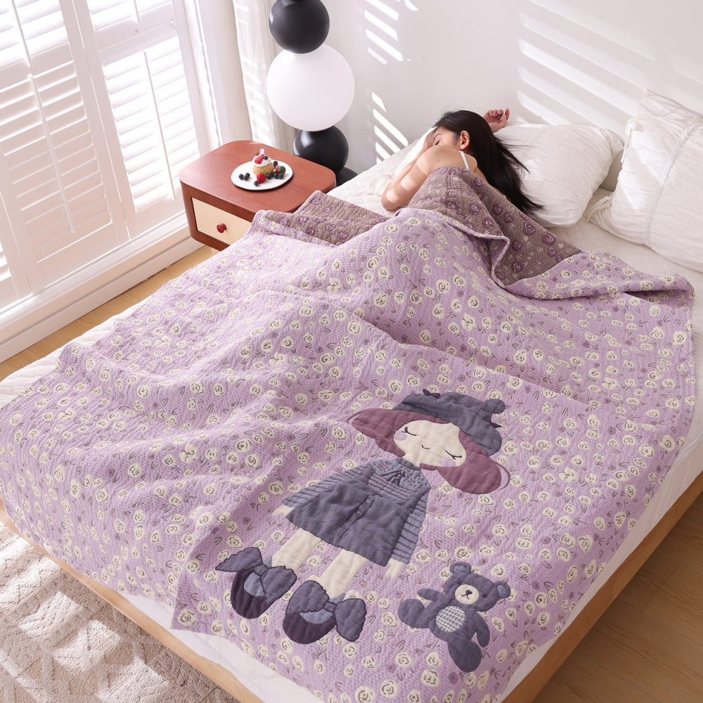 Adorable Cartoon Girl Purple Blanket