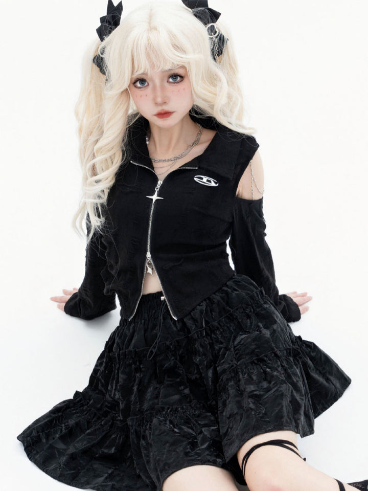 Black Punk Style Top with Cut-Outs and Shoulder Exposure