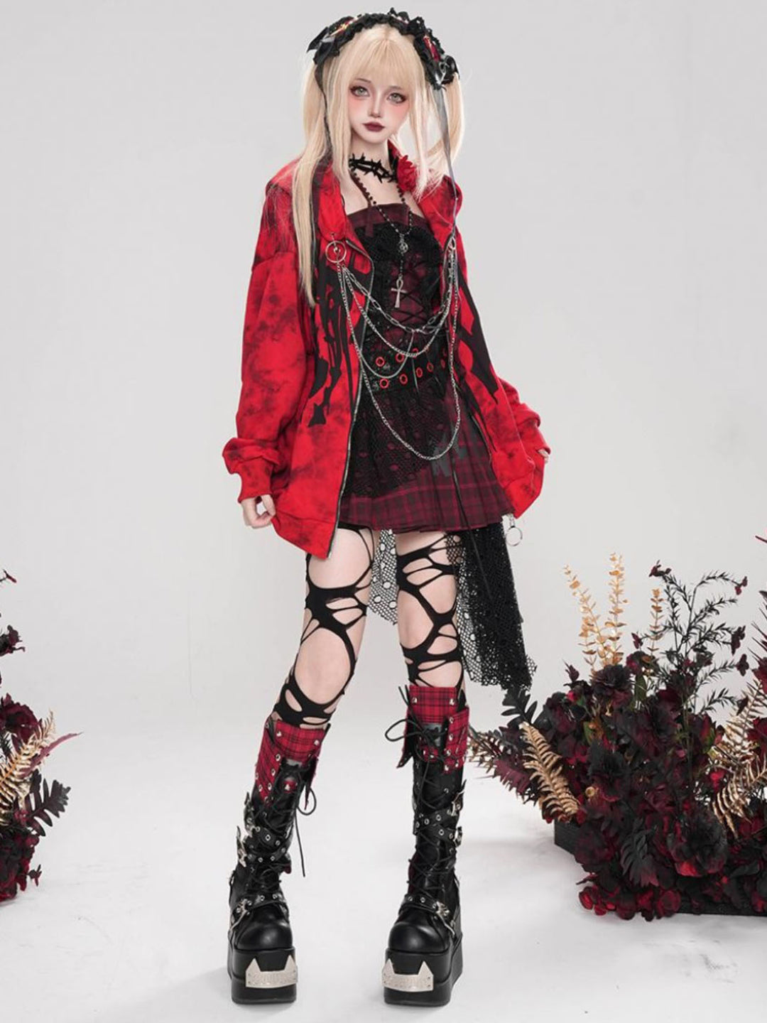 Red Gothic Subculture Chain Punk Style Cardigan Sweatshirt