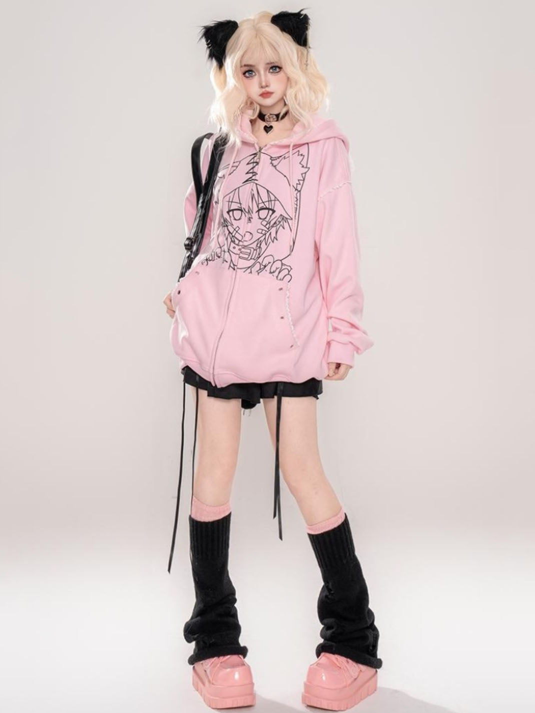 Pink Japanese Punk-style Cat Ear Loose Hooded Sweatshirt