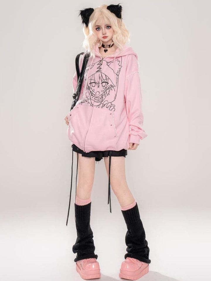 Pink Japanese Punk-style Cat Ear Loose Hooded Sweatshirt