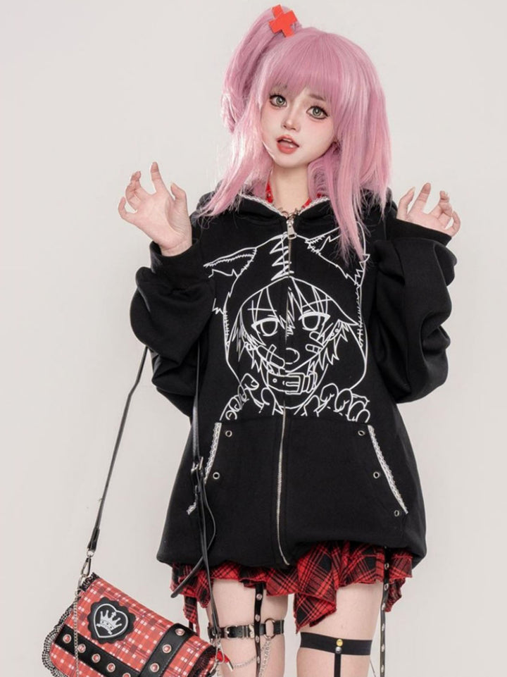 Black Japanese Punk-style Cat Ear Loose Hooded Sweatshirt