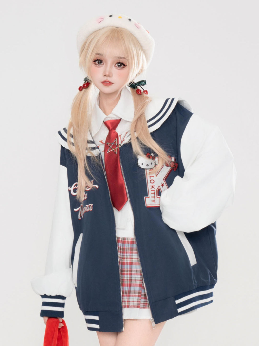 Navy Blue Kitty sailor collar zip-up sweatshirt for spring