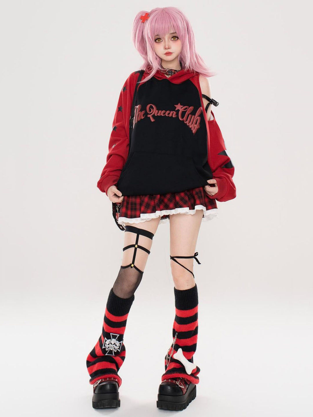 Red/Black Rock-Style Off-Shoulder Loose-Fit Hooded Sweatshirt for Spring and Autumn