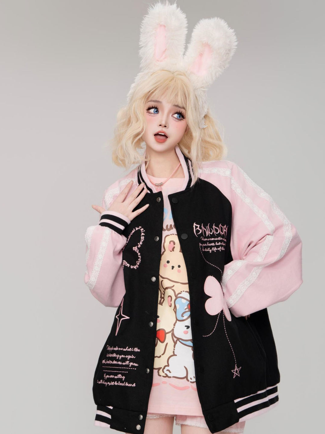 Pink Sweet Style Butterfly Embroidery Color-Block Loose-Fit Baseball Jacket