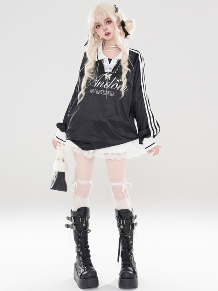 Black Letter Embroidery Sporty Versatile Lace Sweatshirt
