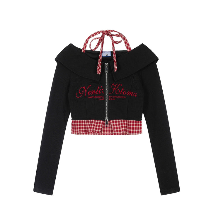 American-style baddie plaid patchwork cropped hoodie crop top