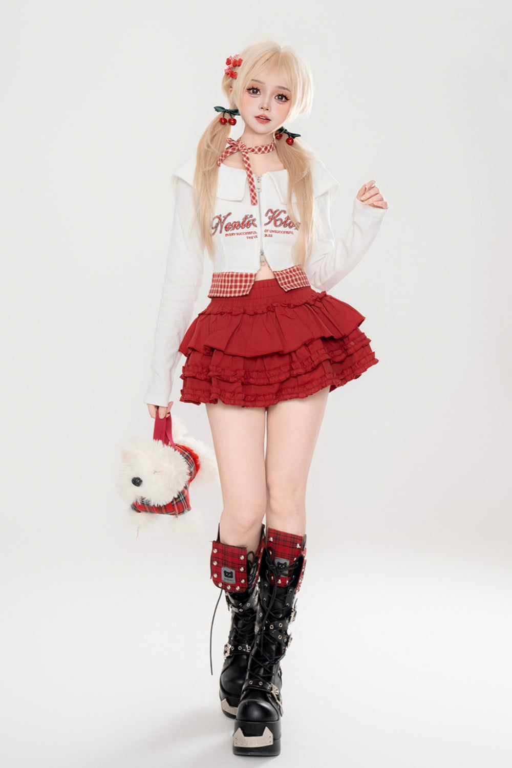 American-style baddie plaid patchwork cropped White hoodie crop top