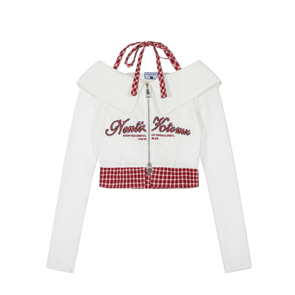 American-style baddie plaid patchwork cropped White hoodie crop top