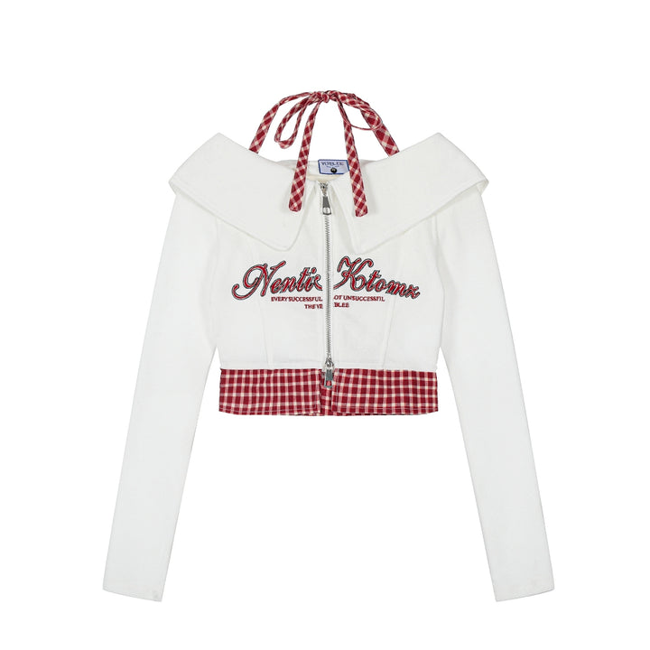 American-style baddie plaid patchwork cropped White hoodie crop top