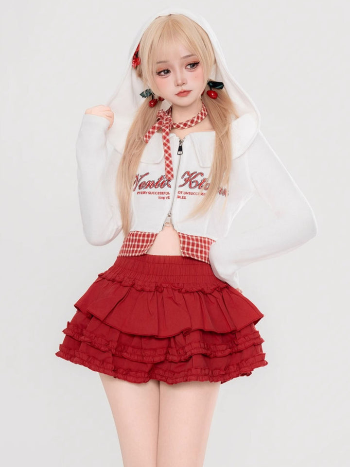 American-style baddie plaid patchwork cropped White hoodie crop top