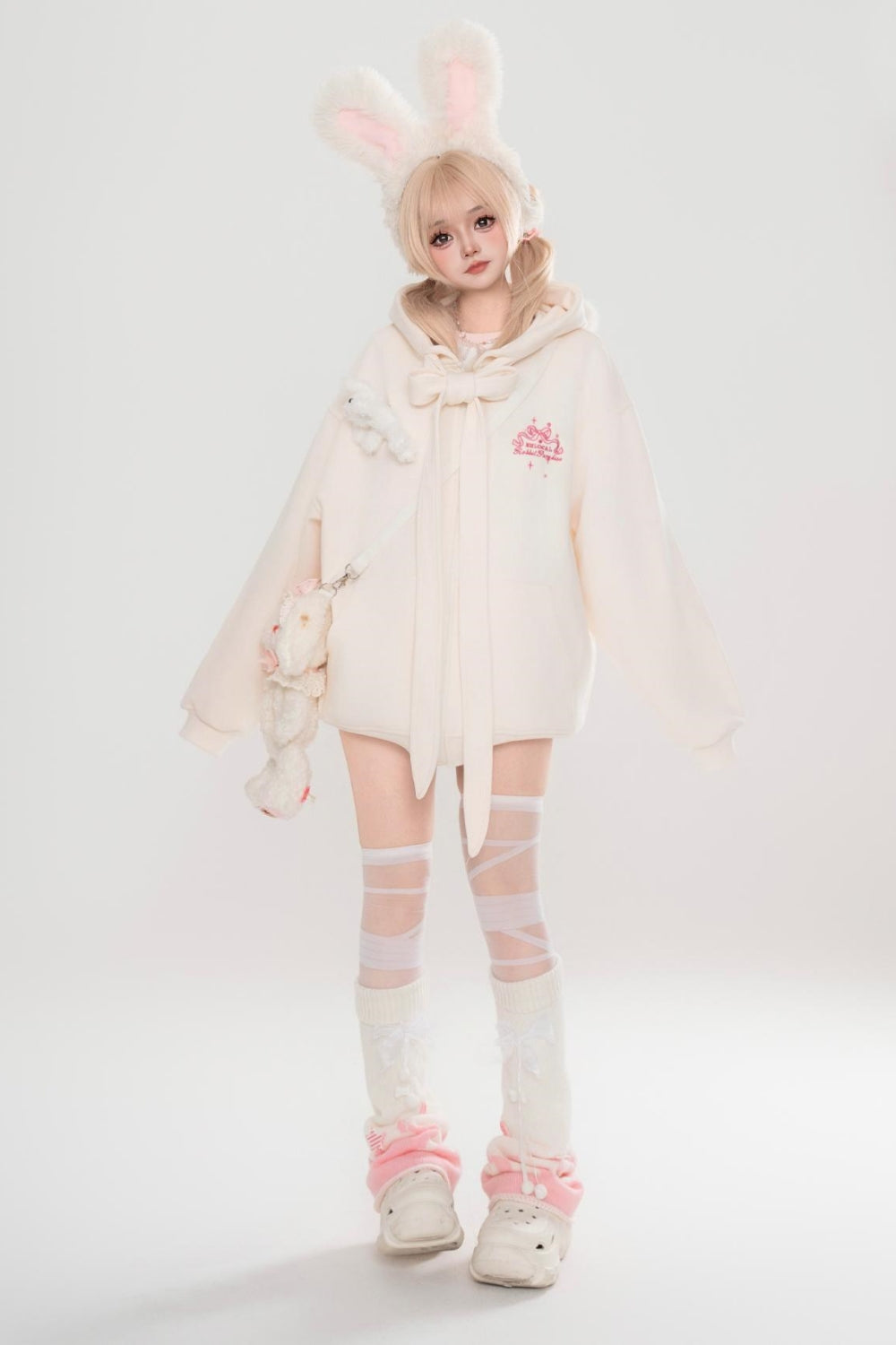 Apricot sweet style bear ears loose hoodie