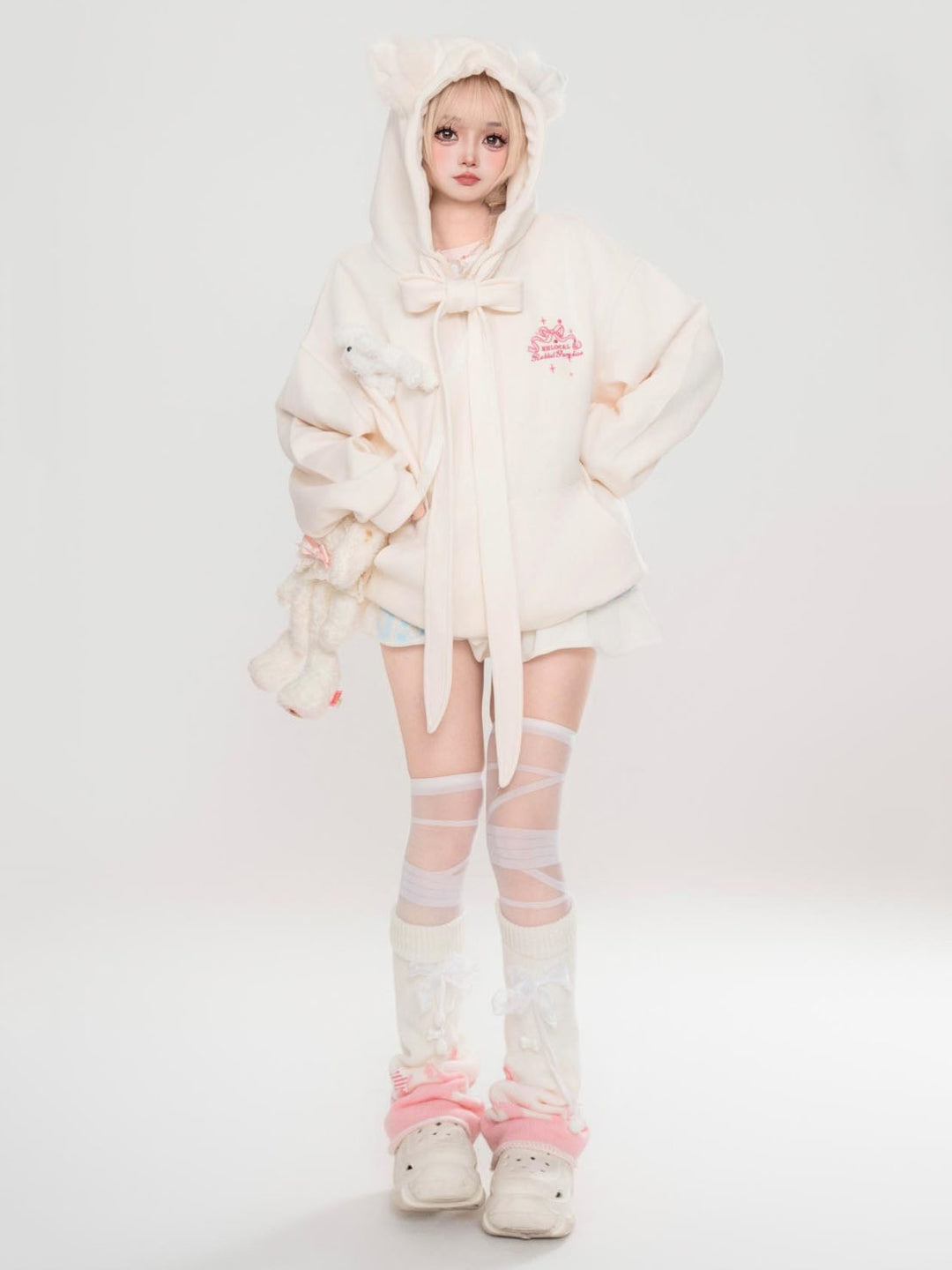 Apricot sweet style bear ears loose hoodie