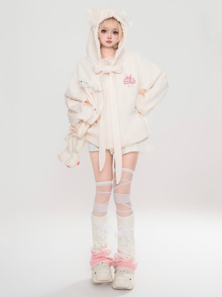 Apricot sweet style bear ears loose hoodie