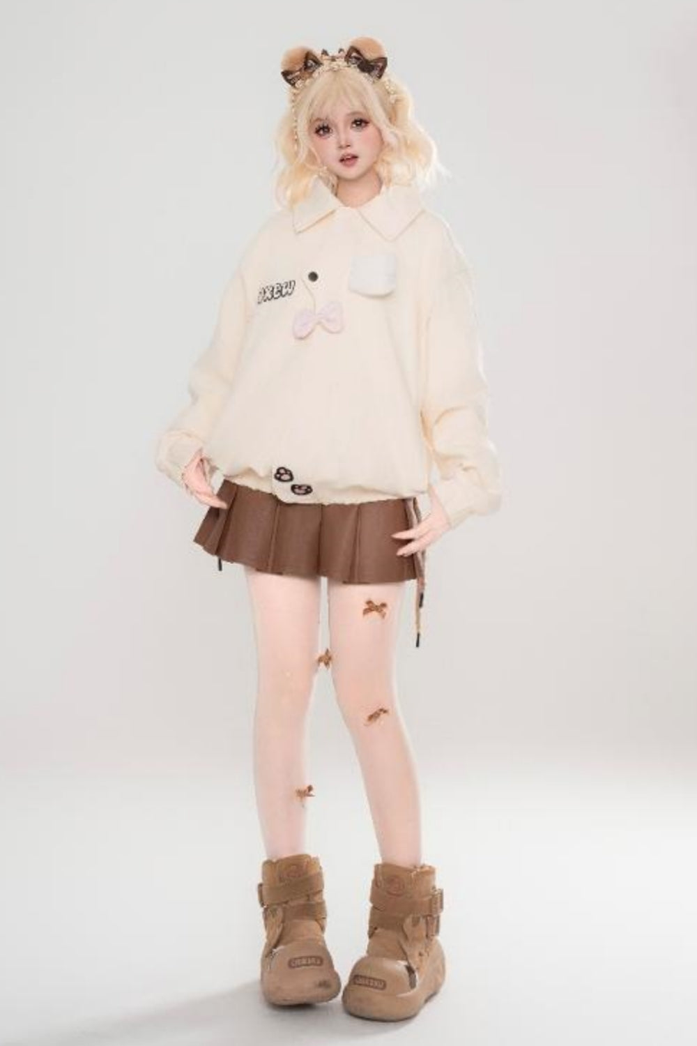 Bear Paw Embroidered Sweet Style Loose Spring Hoodie