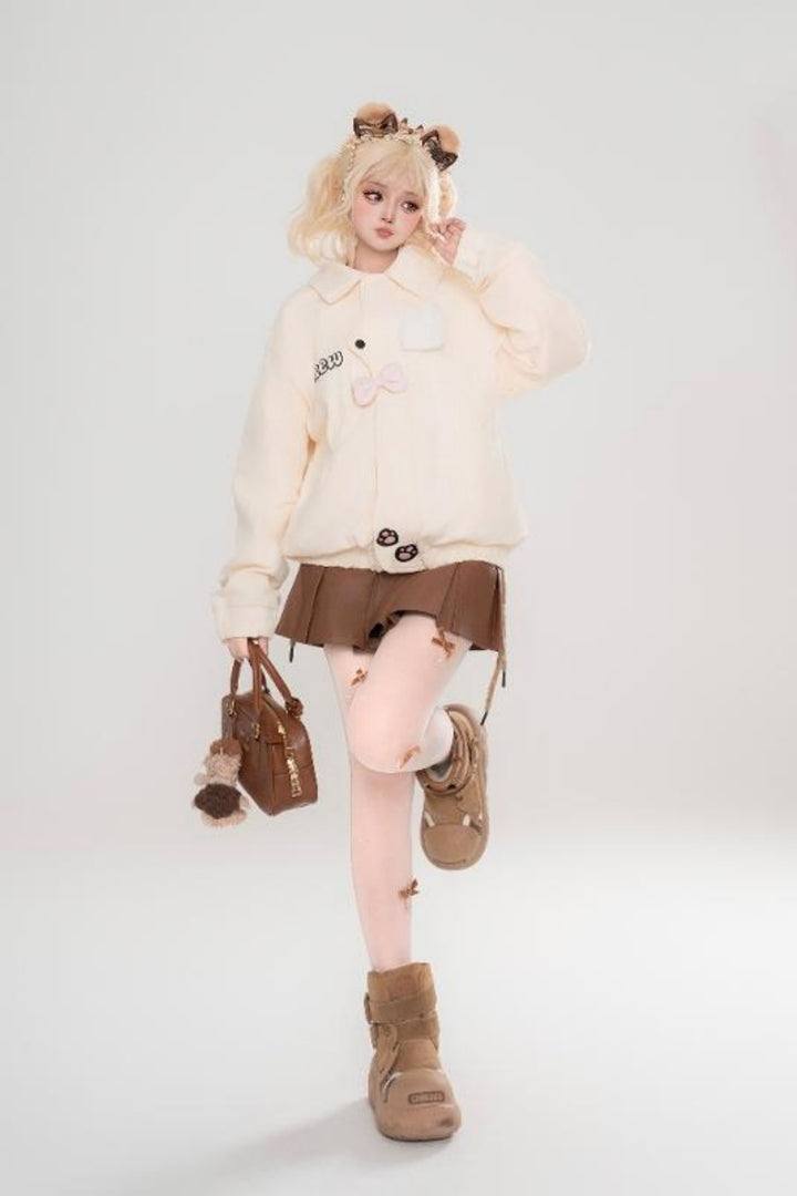 Bear Paw Embroidered Sweet Style Loose Spring Hoodie