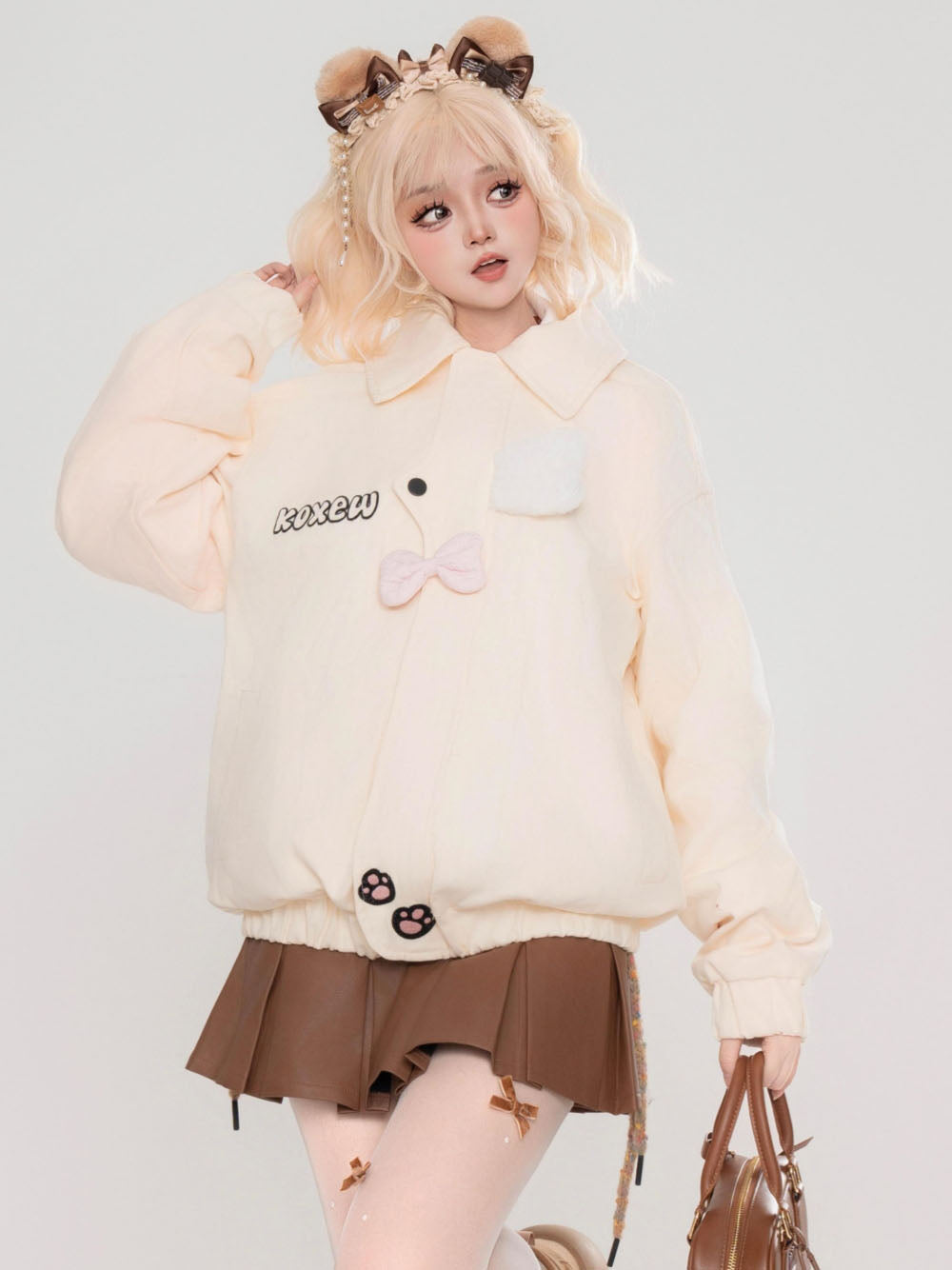 Bear Paw Embroidered Sweet Style Loose Spring Hoodie