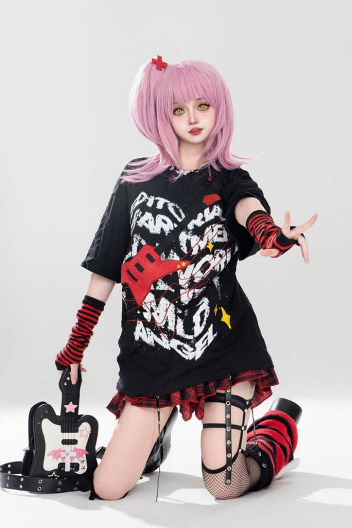 Black Punk-style Amon-themed Oversized T-shirt