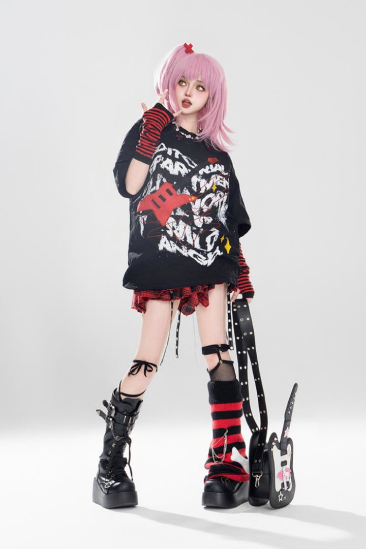 Black Punk-style Amon-themed Oversized T-shirt