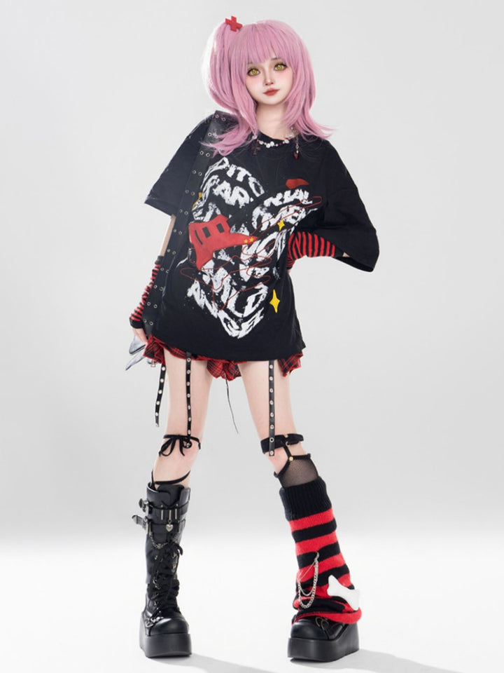 Black Punk-style Amon-themed Oversized T-shirt
