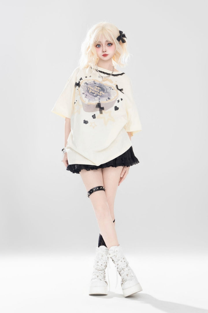 White Lace Bow Embellished Printed Oversized Short-sleeve T-shirt