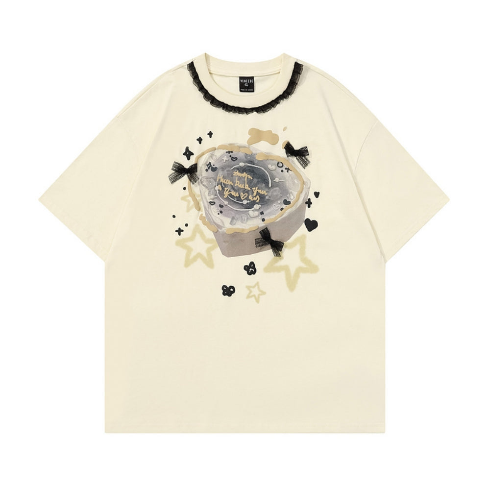 White Lace Bow Embellished Printed Oversized Short-sleeve T-shirt