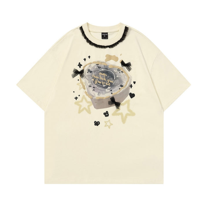 White Lace Bow Embellished Printed Oversized Short-sleeve T-shirt