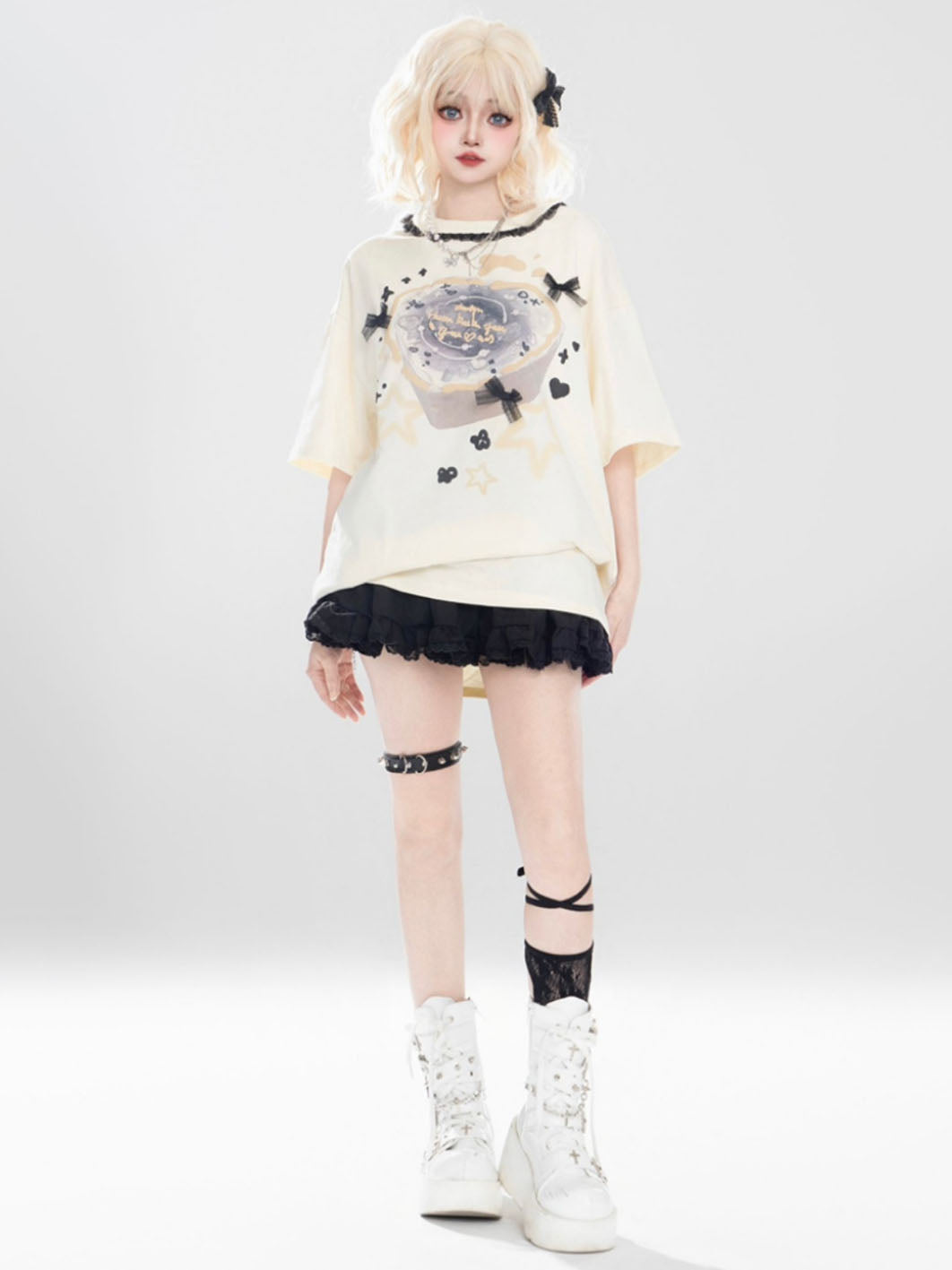 White Lace Bow Embellished Printed Oversized Short-sleeve T-shirt