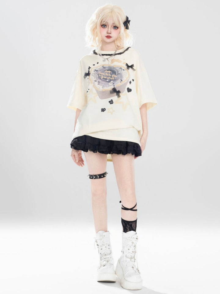 White Lace Bow Embellished Printed Oversized Short-sleeve T-shirt