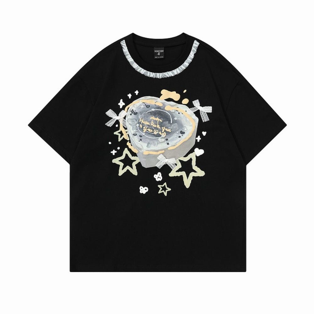 Black Lace Bow Embellished Printed Oversized Short-sleeve T-shirt