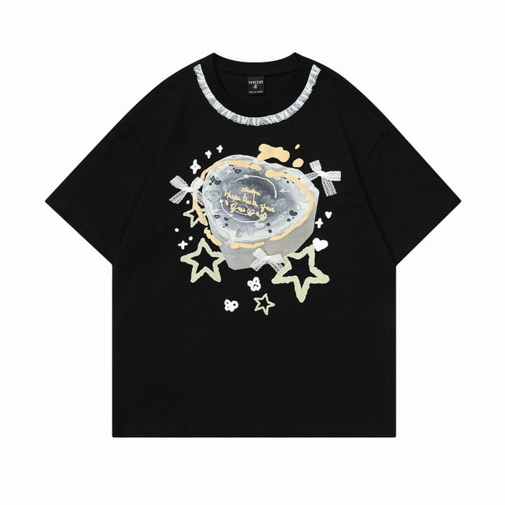 Black Lace Bow Embellished Printed Oversized Short-sleeve T-shirt
