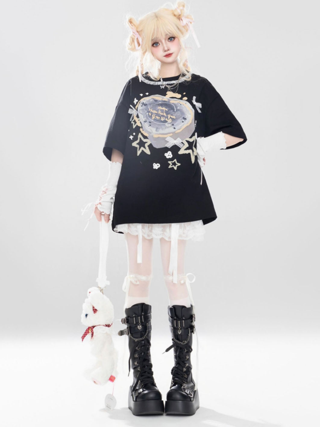 Black Lace Bow Embellished Printed Oversized Short-sleeve T-shirt
