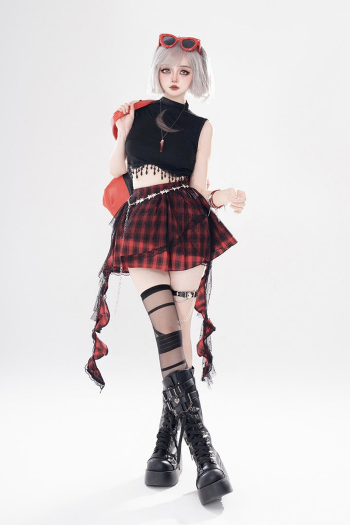 Punk Style Subculture Fringe Vest Design Black Top