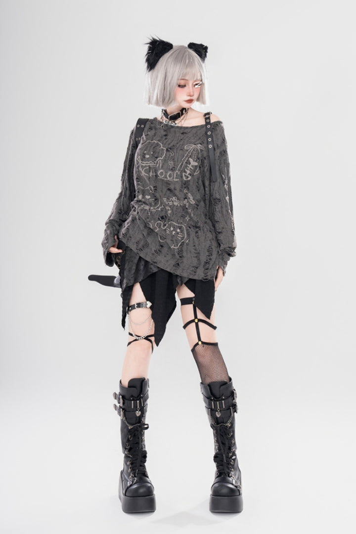 White Subculture Niche Wasteland Style Print Off-Shoulder Spring/Autumn Top