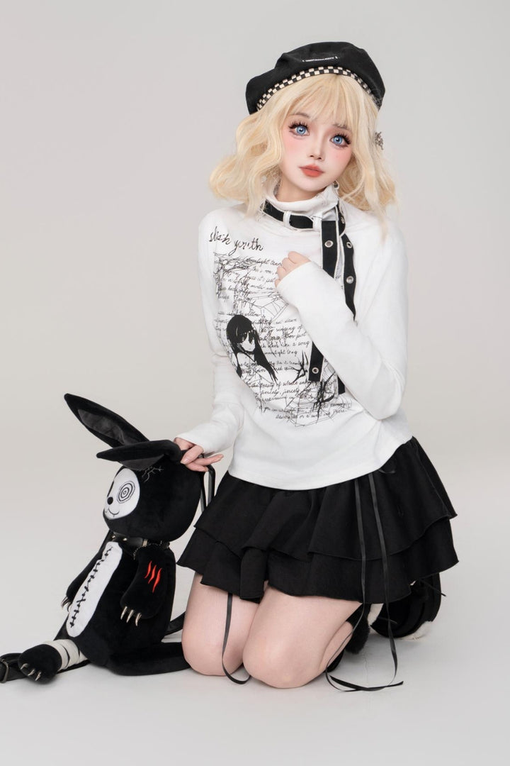 Letter Print High Neck Light Subculture Mine-style Long Sleeve White Top