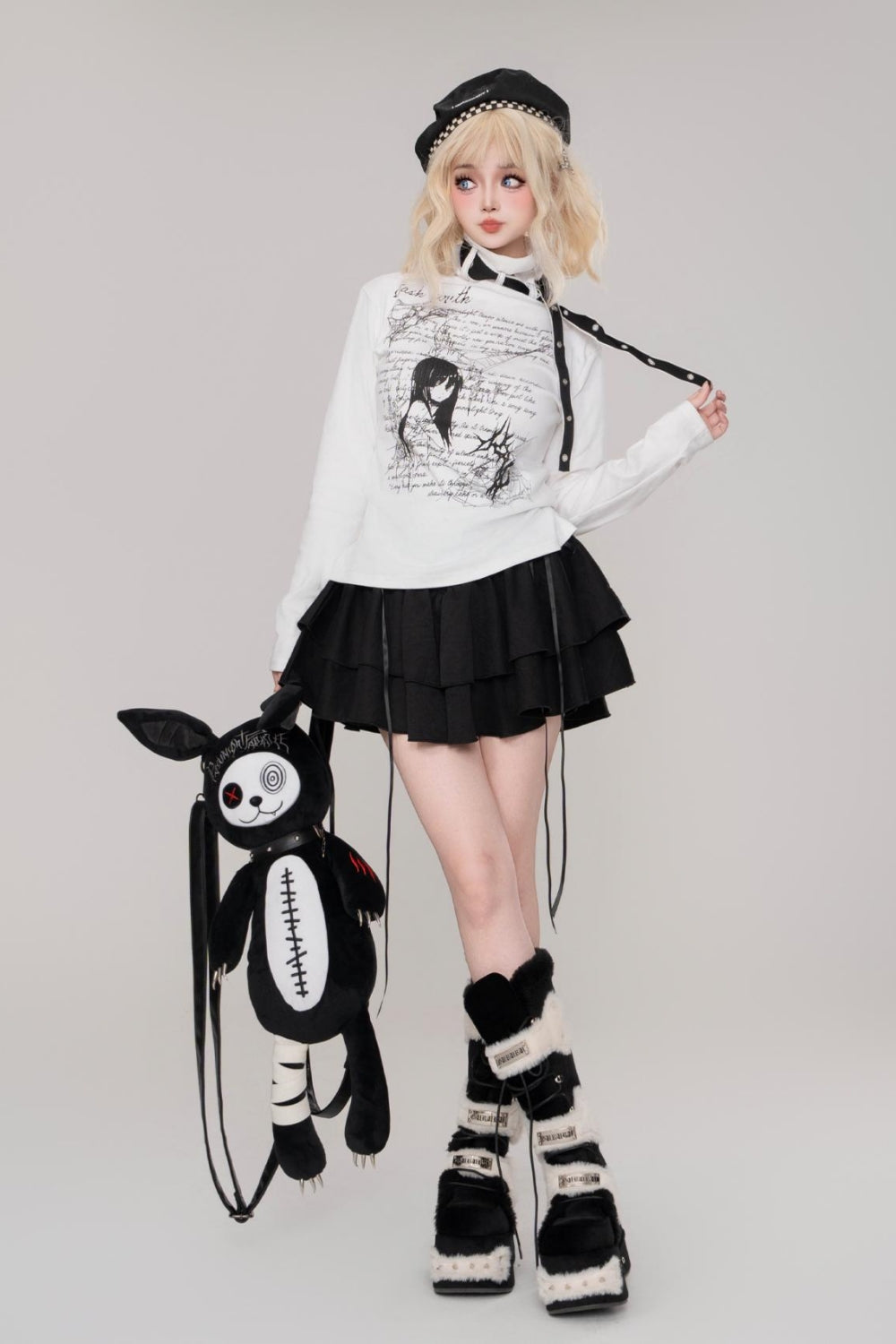 Letter Print High Neck Light Subculture Mine-style Long Sleeve White Top