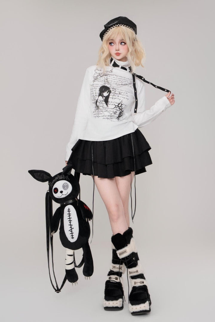Letter Print High Neck Light Subculture Mine-style Long Sleeve White Top