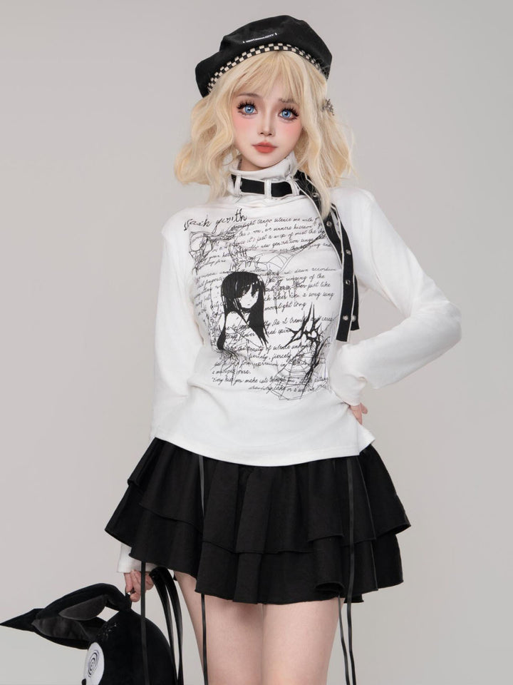 Letter Print High Neck Light Subculture Mine-style Long Sleeve White Top