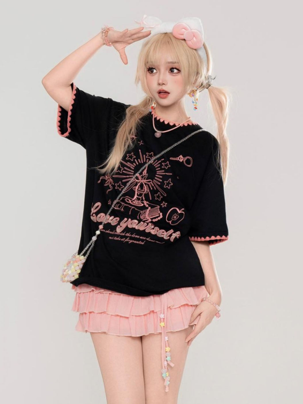 Korean-style black sweet cartoon print loose short-sleeve t-shirt