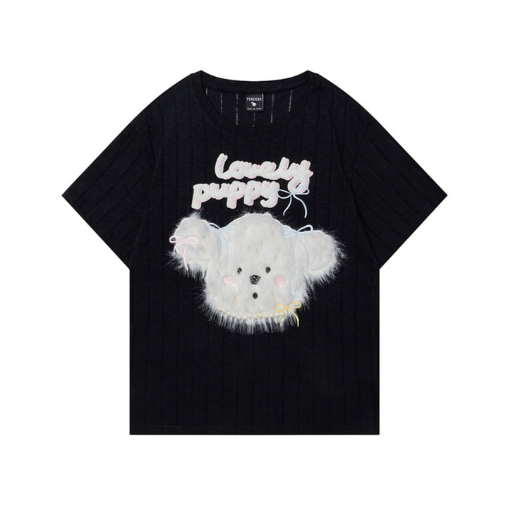 Plush Puppy Appliqué Black Short-Sleeve Loose Fit Crew Neck T-Shirt