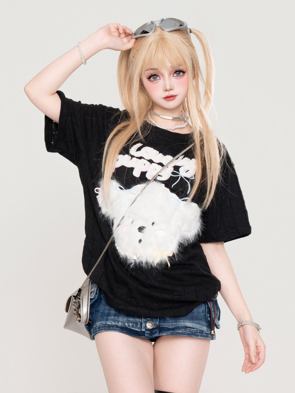 Plush Puppy Appliqué Black Short-Sleeve Loose Fit Crew Neck T-Shirt