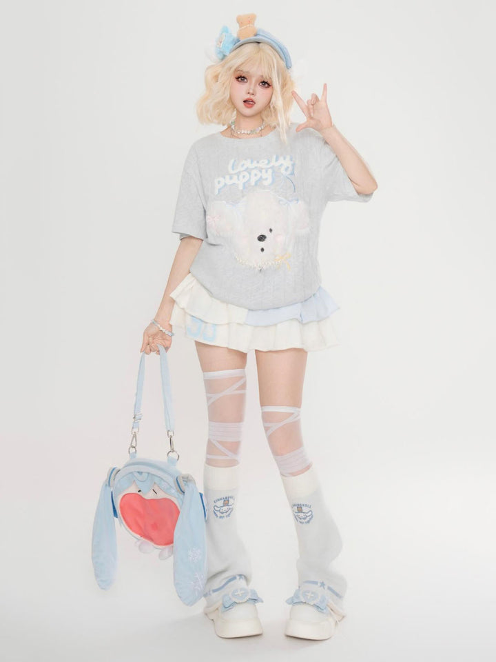 Plush Puppy Appliqué Gray Short-Sleeve Loose Fit Crew Neck T-Shirt
