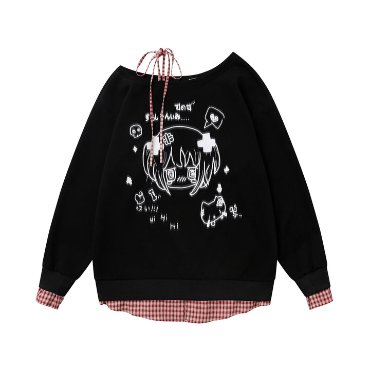Black Subculture Niche Anime Print Off-Shoulder Long Sleeve Top