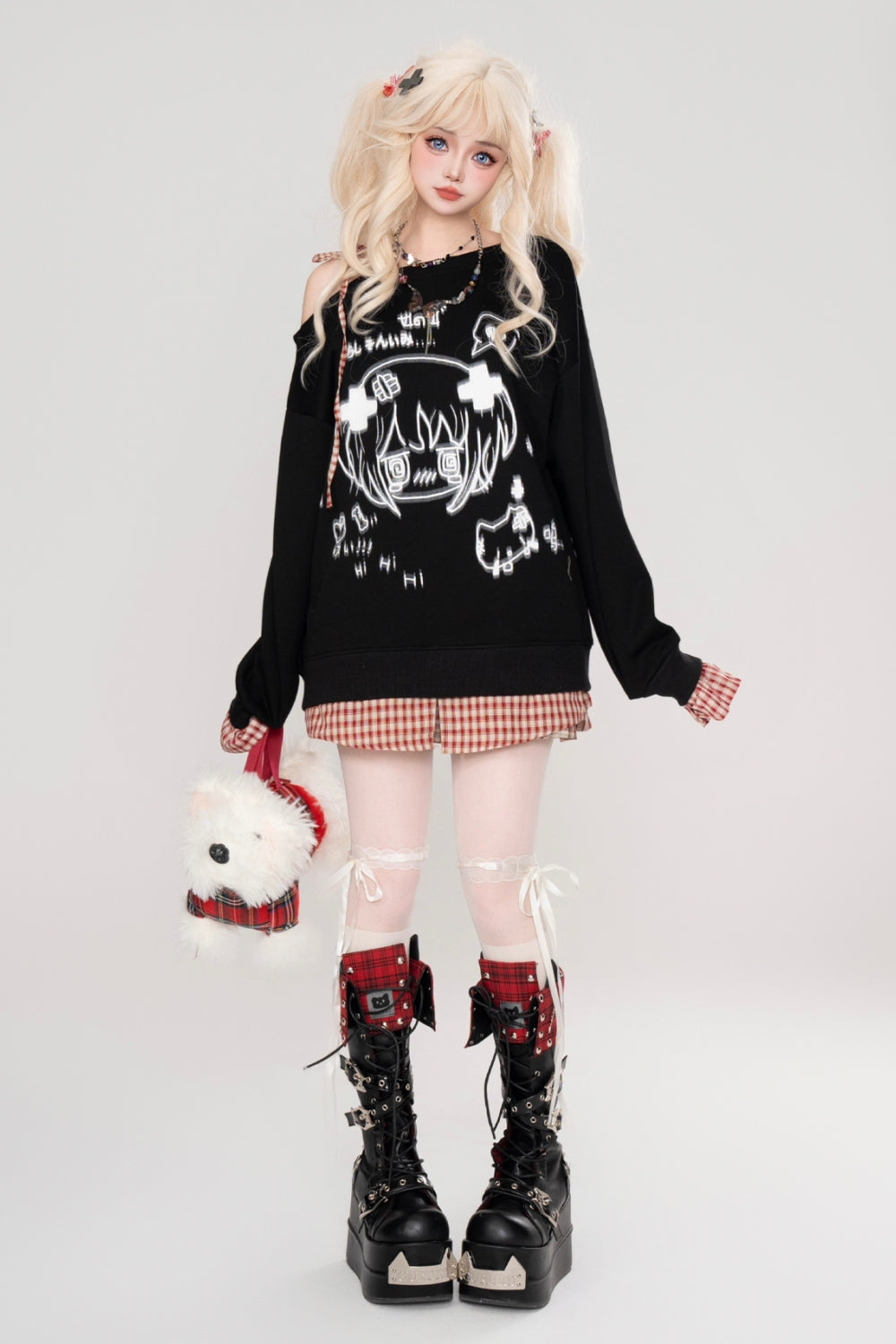 Black Subculture Niche Anime Print Off-Shoulder Long Sleeve Top
