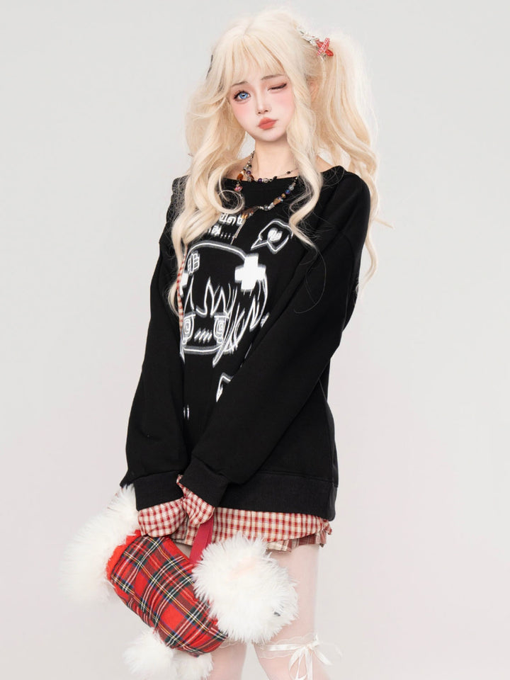 Black Subculture Niche Anime Print Off-Shoulder Long Sleeve Top