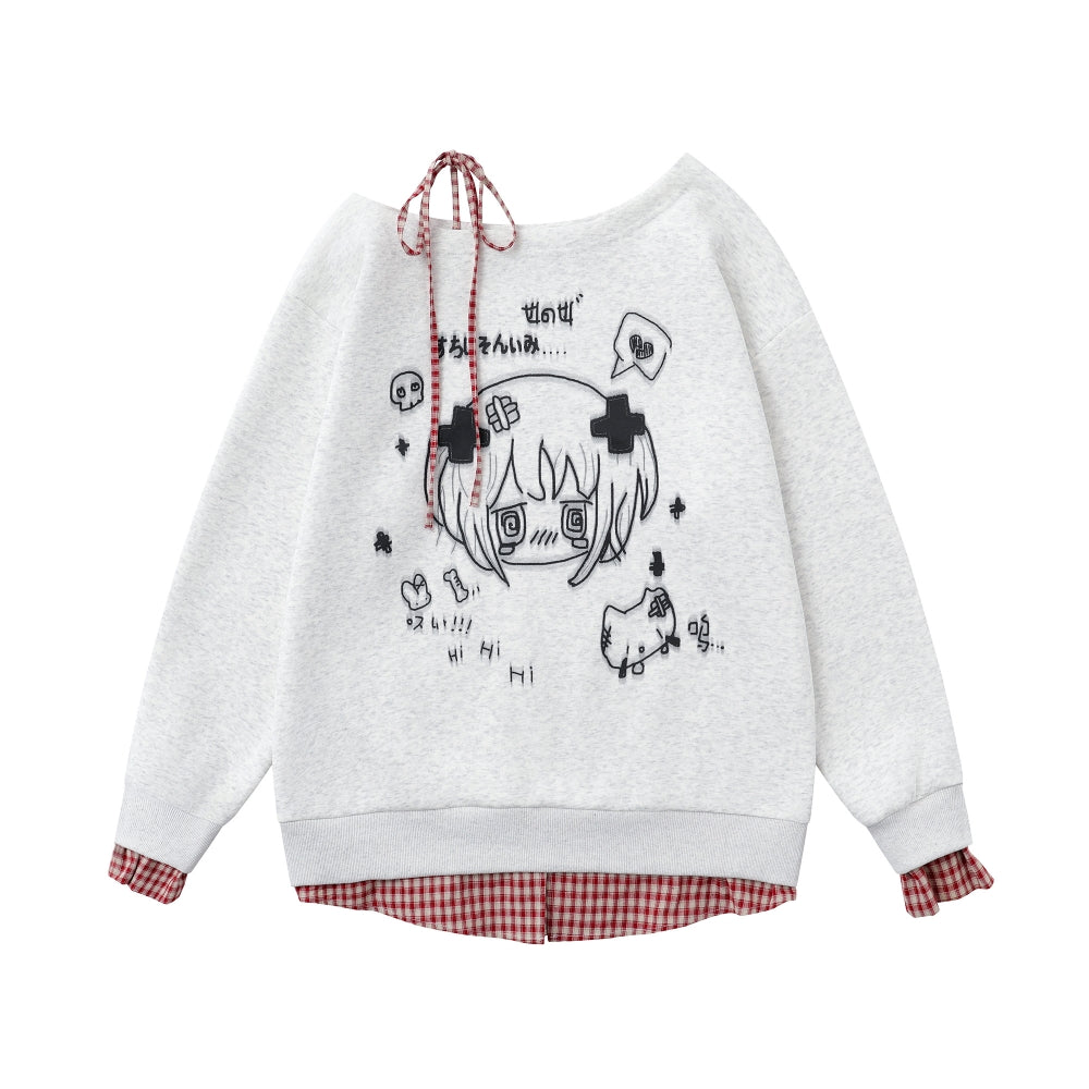 White Subculture Niche Anime Print Off-Shoulder Long Sleeve Top