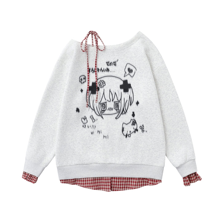 White Subculture Niche Anime Print Off-Shoulder Long Sleeve Top